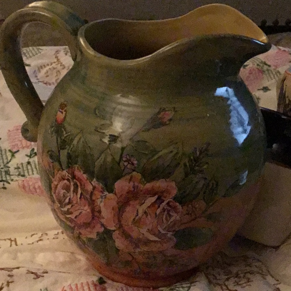 Floral Ceramic Pitcher with Green and Pink Accents